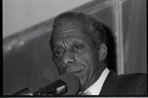 James Baldwin speaking at Mahar Auditorium, close-up