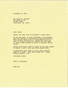 Letter from Mark H. McCormack to Lance B. Johnson