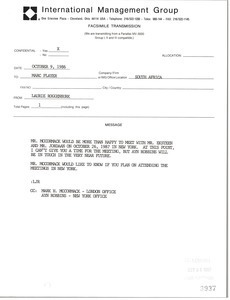 Fax from Laurie Roggenburk to Marc Player