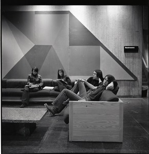 Students sitting in the basement of the UMass Amherst Campus Center