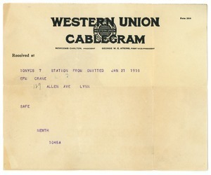 Cablegram from Frank F. Newth to Letitia Crane
