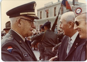 Twenty-fifth anniversary of D-day, Carentan: Gen. Omar Bradley and Gen. John J. Maginnis at 101st Airborne (D Co.) ceremonies