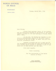 Circular letter from World Council of Peace to W. E. B. Du Bois
