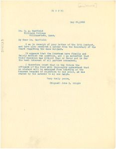 Letter from John. R. Wright to Harry A. Garfield