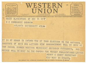Telegram from National Institute of Arts and Letters to W. E. B. Du Bois