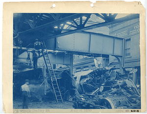 Wreck at Dudley Street, view below tracks of train wreckage