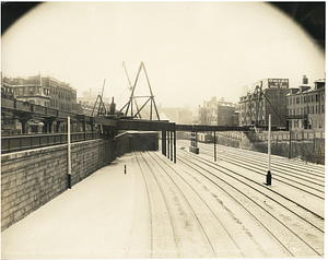 Crossing over railroad tracks, Castle and Corning Street, looking from Shamut Avenue