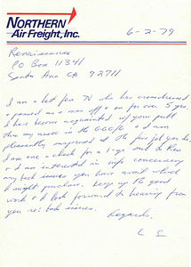 Correspondence from Lou Sullivan to Renaissance (June 2, 1979)