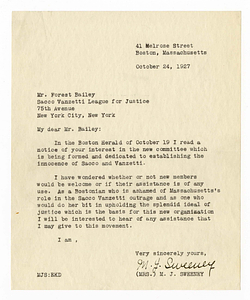 Letter from Mrs. M.J. Sweeney to Forrest Bailey, October 24, 1927