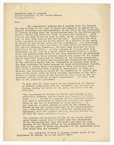 Petition from The Citizens National Committee for Sacco and Vanzetti to U.S. Attorney General John G. Sargent, undated