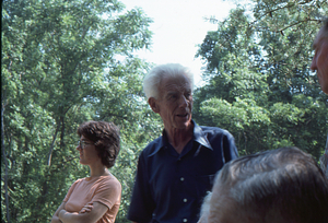 ERobin Jensen (left), R.R.R. Brooks (center) and Arthur G. Rosenburg (right) at Moon Barn Raising at entrance to Hopkins Forest on 2 August 1975.