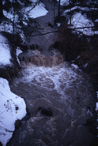 Ford Glen Brook at west side of Northwest Hill Road. Twin wooden footings of the Ice Pond dam visible where water is turbulent in middle distance.