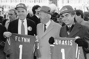 Mayor Raymond L. Flynn and Governor Michael S. Dukakis with New England Patriots owner William "Billy" Sullivan