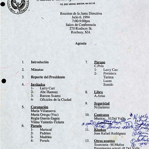 Agenda from Festival Puertorriqueño de Massachusetts, Inc. Board of Directors meeting on July 6, 1994