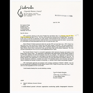 Letter from A. Sonny Roberts Walker to Juanita B. Wade about Citywide Parent's Council annual Family Fun and Fitness Day and donation request