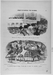 Intérieur de la Bourse. - Vue prise de haut un jour de baisse. --- La corbeille des agens de change, - la moins jolie de toutes les corbeilles connues.