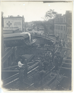 Dudley Street accident, view from tracks of car lodged in building