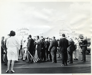 Crowd of people gathered to congratulate Mayor John F. Collins