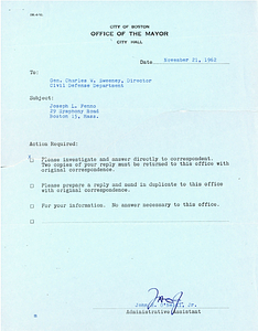 Memo to General Charles W. Sweeney from Administrative Assistant John H. O'Neil, Jr.