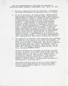 Plan for the reorganization of the Board of Directors of Action for Boston Community Development with attached poverty index