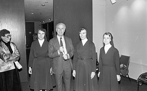 Mayor Kevin H. White and three nuns at the Strand Theatre