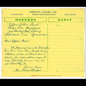 Memorandum from Mrs. Salena E. Draper to Officer Arthur Stuart about abandoned cars in Washington Park Area on Walnut Ave and Harold Street, 43 Holworthy Street, and 58 Holworthy Street