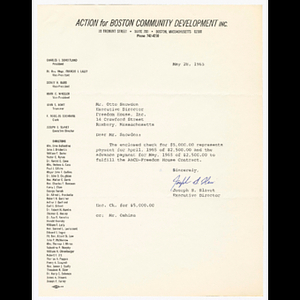 Letters from Joseph Slavet to Otto Snowden about check payments from Action for Boston Community Development (ABCD) to Freedom House, Inc.