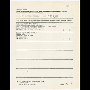 Summary and comments, agenda, minutes and attendance list for area #11 (pilot area rehabilitation) and Grove Hall Board of Trade meetings in May 1964