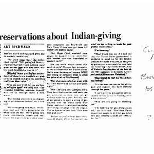 Annotated newspaper clipping of article titled, US has no reservations about Indian-giving