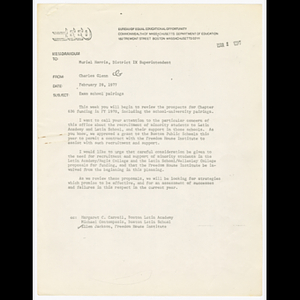 Memorandum from Charles Glenn to Muriel Harris about recruitment of minority students to Boston Latin Academy and Boston Latin School