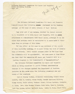 Statement by the Citizens National Committee for Sacco and Vanzetti, August 16, 1927