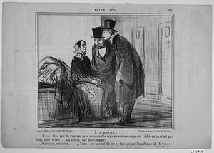 A L'ODÉON. - C'est très joli le TARTUFE, avec sa nouvelle mise en scène, mais je suis fâché qu'on n'ait pas tout joué ce soir....... on a donc fait des coupures?..... - Mais non, monsieur... - Tiens!.... on m'avait dit que ça finissait par l'apothéose de Béranger!....