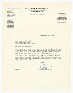 Letter from Morris L. Ernst to Francis Russell, September 20, 1960