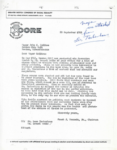 Letter to Mayor John Collins from Congress of Racial Equality (CORE) with attached follow up letters from Leon J. Taubenhaus of Community Health Services and Frank Meranda of CORE