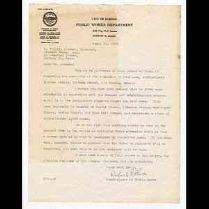 Letter from Robert P. Shea, Commissioner of Public Works, to O. Phillip Snowden concerning sidewalks