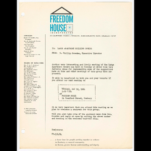 Memorandum from O. Phillip Snowden, Executive Director to Large Apartment Building Owners about meeting on May 12, 1964
