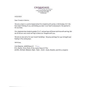 Letter from Crossroads Center for Children (Schenectady, New York)