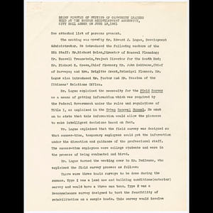 Brief meeting minutes of meeting of community leaders held at the Boston Redevelopment Authority, City Hall Annex on June 13, 1961