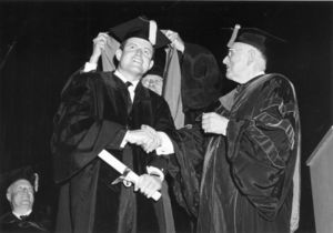 US Senator Edward M. Kennedy receives an honorary degree at the 1964 Suffolk University commencement