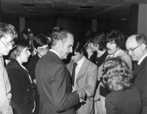 US Senator George McGovern talking to small group of people at Suffolk University