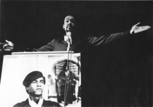 Bobby Seale addresses crowd at Suffolk University's Political Science Department Lecture Series