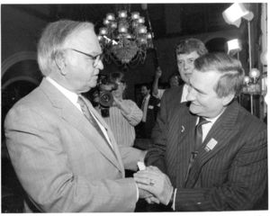 Congressman John Joseph Moakley shakes hands with Polish President Lech Walesa during visit to the U.S., 1989