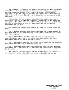 Brief report outlining the ways in which the Moakley-Murtha proposal changes the Foreign Affairs bill, and requesting support of the Moakley-Murtha substitute