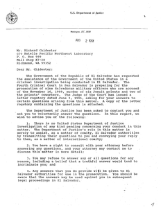 Letter to Richard Chidester from Drew C. Arena, Director, Office of International Affairs, Criminal Division regarding letter rogatory issued by the Judge of the Court of the Fourth Criminal Court in preparation of the prosecution of nine Salvadoran military service members accused of the murder of the Jesuit priests, their cook, and her daughter. Letter asks Chidester to voluntarily answer the questions in the letter rogatory, 2 August 1991