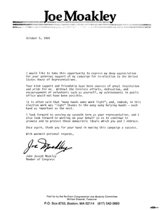 Letter from John Joseph Moakley thanking his supporters