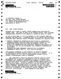 Constituent letter to John Joseph Moakley regarding veterans' benefits (Western Union form letter)
