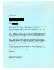 Correspondence between John Joseph Moakley and a Boston constituent requesting State and National Guard protection for students being bused, August 1975