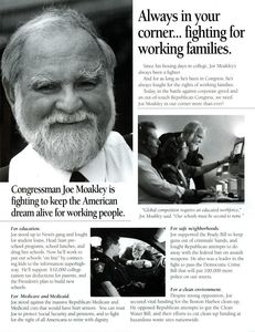 Campaign mailing tri-fold: "Joe Moakley. Democrat. He fights for us."