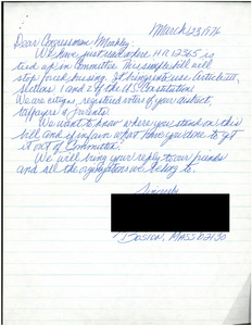 Correspondence between John Joseph Moakley and two Jamaica Plain residents regarding busing, 23-31 March 1976
