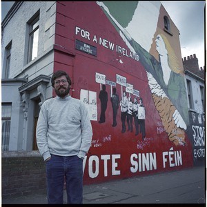Gerry Adams in front of republican wall mural on the Falls Road, and shots of mural alone